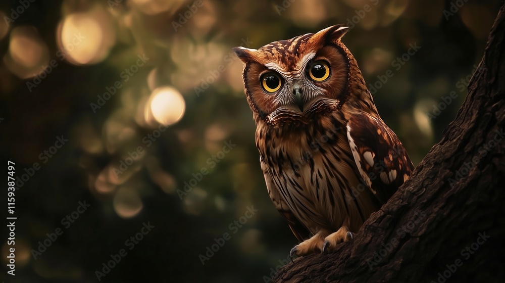 Majestic owl perched on a tree branch, with piercing yellow eyes and soft bokeh background in warm tones. Majestic owl perched on a tree branch, with piercing yellow eyes and soft bokeh background in warm tones.