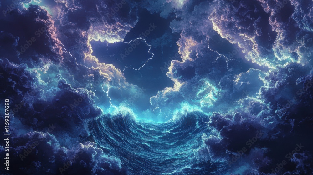 Fototapeta premium Dark clouds swirl dramatically above churning waves, while flashes of lightning illuminate the tumultuous scene during twilight at sea. Generative AI