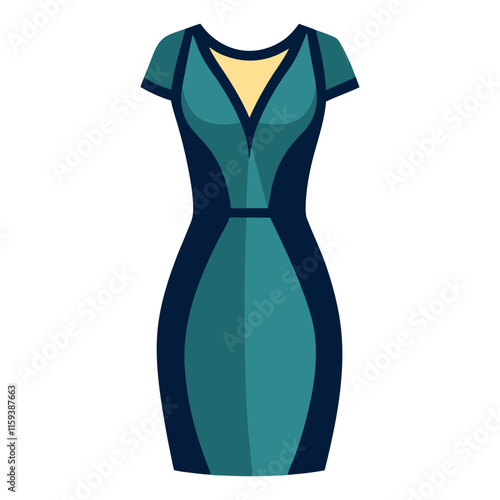 teal and navy bodycon dress illustration, vector illustration of a stylish teal bodycon dress with navy accents and a yellow neckline detail, designed in a modern flat style.
