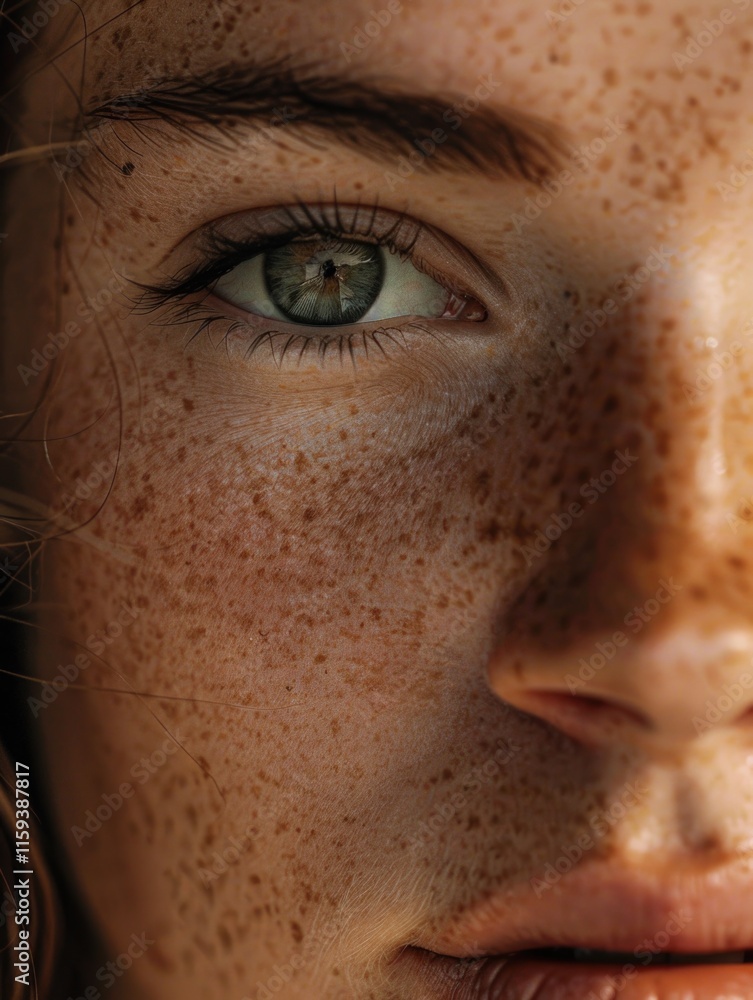 Close-up portrait of a woman with fair skin and freckles, emphasizing texture, fine lines, pores, and the delicate features of her face. Close-up portrait of a woman with fair skin and freckles, emphasizing texture, fine lines, pores, and the delicate features of her face.