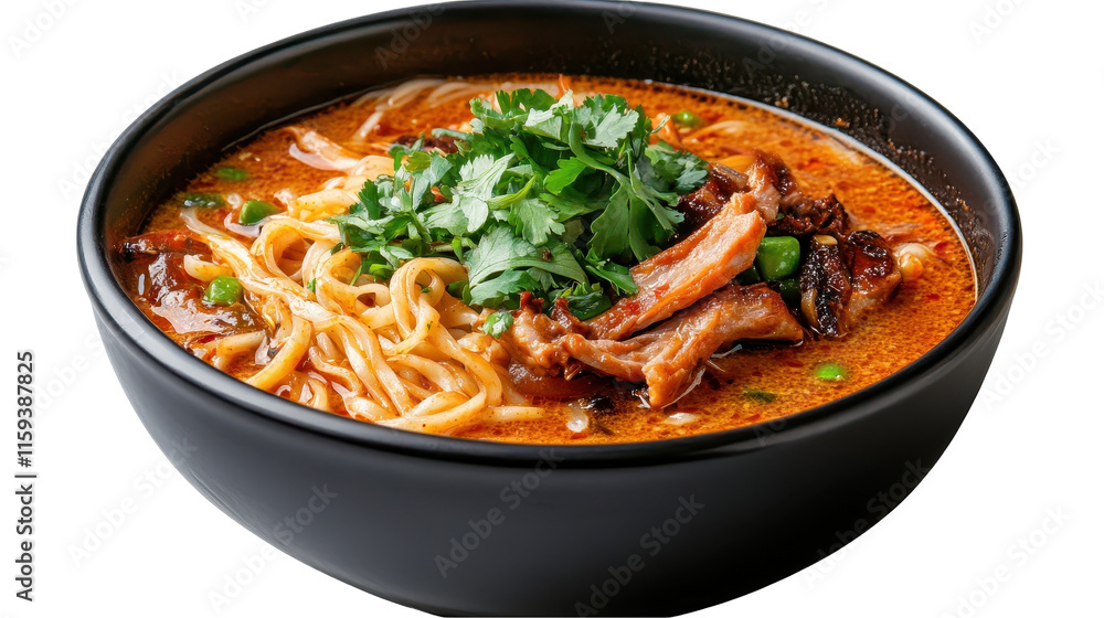 Delicious bowl of spicy noodle soup. transparent background Delicious bowl of spicy noodle soup. transparent background