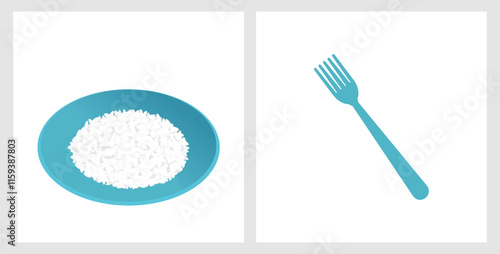 Rice plate and fork icon signs isolated on white backgrounds vector.