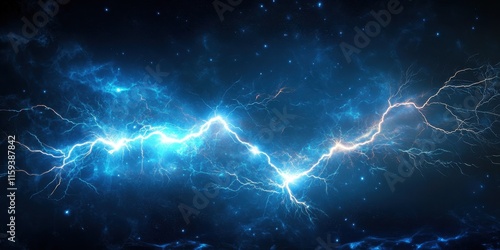 Bright blue lightning bolts cut through a dark sky, creating a dramatic atmosphere above a vast, open landscape during a nighttime thunderstorm. Generative AI