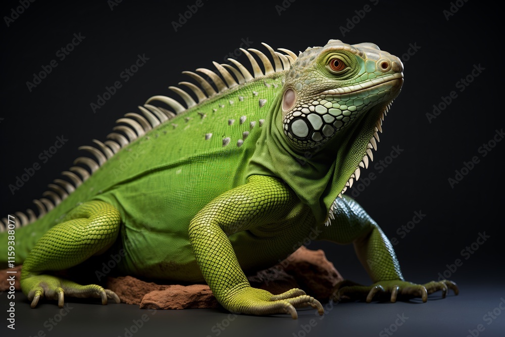 Fototapeta premium A vibrant green iguana displaying intricate patterns and textures in a dramatic lighting setup.