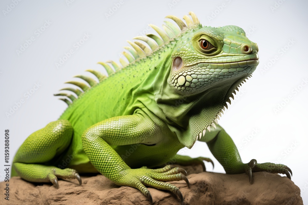 A vibrant green iguana perched gracefully on a rock, showcasing its striking features and unique coloration. A vibrant green iguana perched gracefully on a rock, showcasing its striking features and unique coloration.