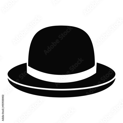 black bowler hat with white band, vector illustration of a black bowler hat featuring a simple white band, ideal for classic, formal, and vintage-inspired fashion themes.
