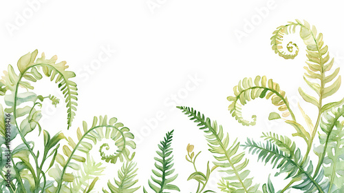 Tropical fern botanical illustration with watercolor soft curly leaves on white background. Bracken. Illustration