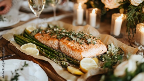 Romantic valentine's day dining experience with roasted salmon en papillote in cozy atmosphere photo