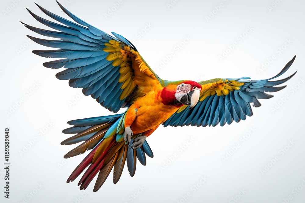 Fototapeta premium A vibrant macaw in mid-flight, showcasing its stunning, colorful feathers against a soft background.