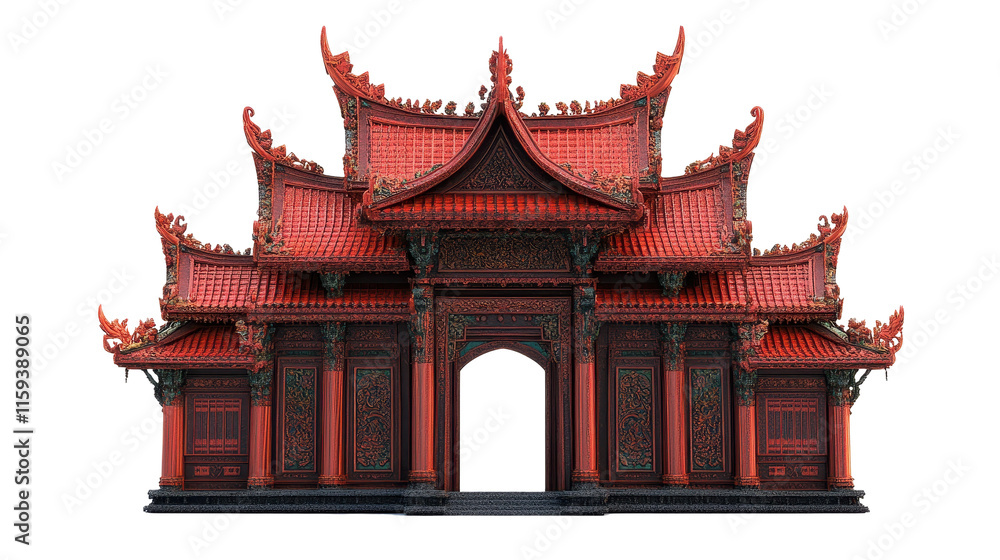 Traditional red Asian temple with ornate details. transparent background Traditional red Asian temple with ornate details. transparent background