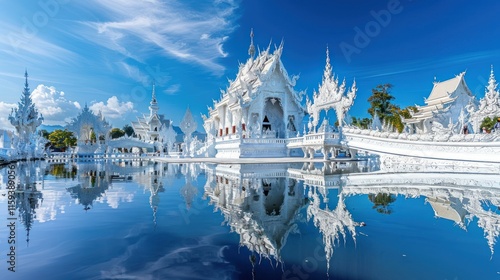 Stunning white temple reflecting in tranquil water, serene architecture, Thailand.