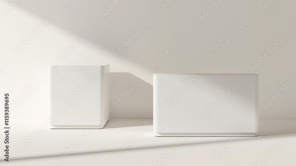 Three rectangular boxes cast shadows on a white wall, demonstrating the interplay of light and shadow. Three rectangular boxes cast shadows on a white wall, demonstrating the interplay of light and shadow.