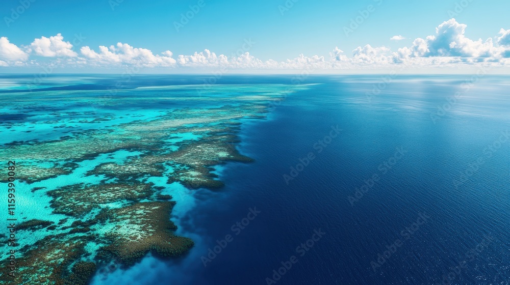 Fototapeta premium Expansive view of a pristine coastline featuring turquoise waters and ecologically rich islands, bathed in bright sunlight and dotted with clouds. Generative AI