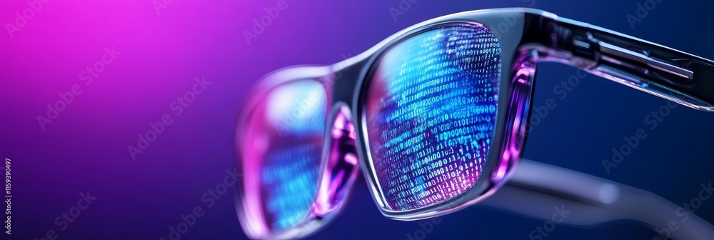 Digital Data Glasses Reflection - Futuristic eyewear reflecting digital code, symbolizing technology, innovation, data security, the metaverse, and virtual reality.