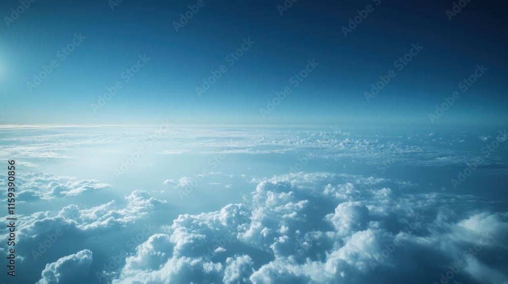 Naklejka premium Above the horizon, soft white clouds stretch across a serene blue sky as sunlight illuminates the peaceful atmosphere during the day. Generative AI