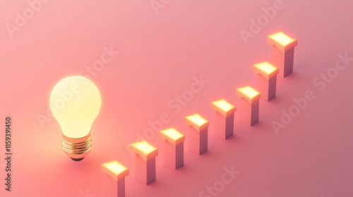 Glowing light bulb with ascending blocks on pink background, symbolizing innovation.