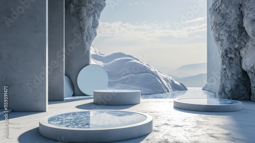 Dreamy, blue and white ice cave with modern decoration in the center.
