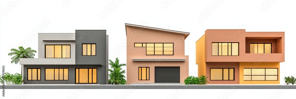 Modern House Designs Tranquil Street - Three stylish houses showcasing modern architecture, urban living, contemporary design, home ownership, and peaceful neighborhood.