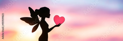 Wallpaper Mural Fairy Silhouette Offering a Heart at Sunset - A fairy silhouette holds a heart against a sunset, symbolizing love, hope, compassion, magic, and dreams.  Beautiful and ethereal. Torontodigital.ca