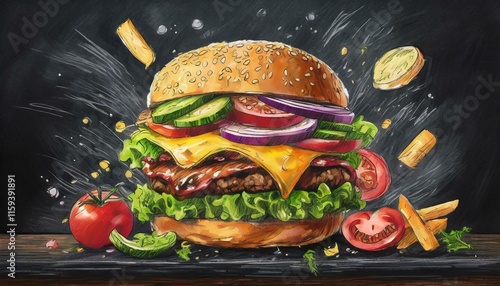 desenho de lanche de hamburguer recheado com muitos ingredientes, maximalismo - Generated image photo