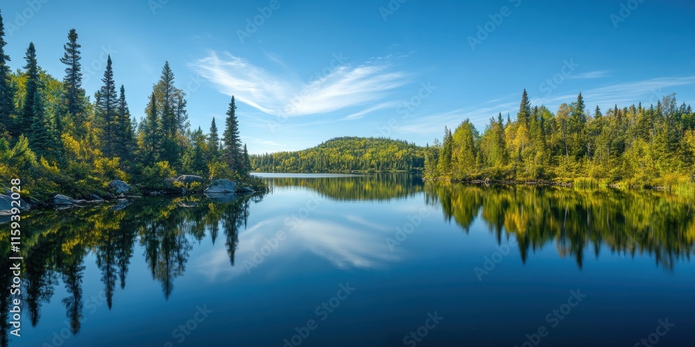 A calm lake reflects the vibrant colors of surrounding trees, with a clear blue sky and wispy clouds adding to the peaceful atmosphere of nature. Generative AI A calm lake reflects the vibrant colors of surrounding trees, with a clear blue sky and wispy clouds adding to the peaceful atmosphere of nature. Generative AI