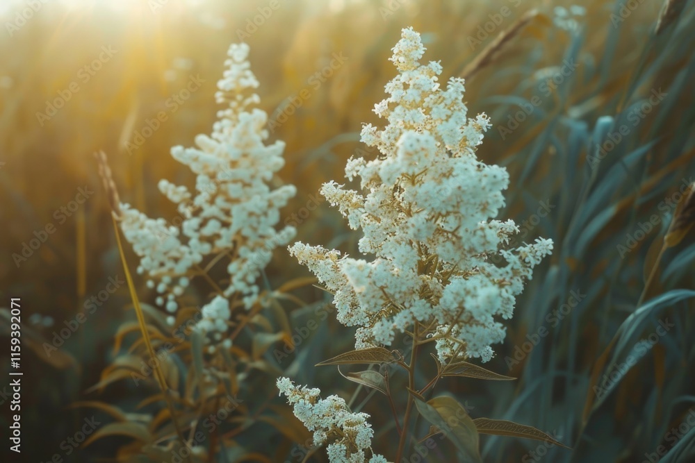 White wildflowers with delicate green leaves in a field during the sunrise, showcasing natural beauty and diversity. White wildflowers with delicate green leaves in a field during the sunrise, showcasing natural beauty and diversity.