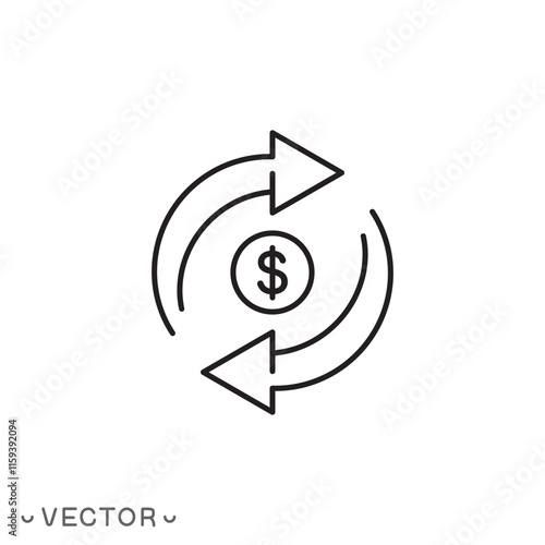 currency exchange icon, cash back cycle, return or swap money, trade, thin line symbol concept isolated on white background, editable stroke eps 10 vector illustration