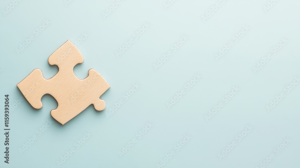 Fototapeta premium Single wooden puzzle piece on a soft blue background representing unity, problem-solving, and creativity in image composition, suitable for various design projects and themes