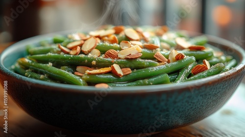 Steaming Bowl of Green Beans Almondine with Sliced Almonds photo