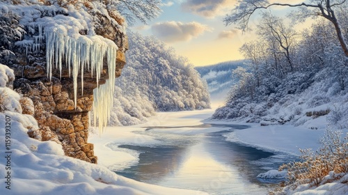 A stunning winter landscape featuring a rocky cliff adorned with icicles, overlooking a frozen river winding through a snowy valley. photo