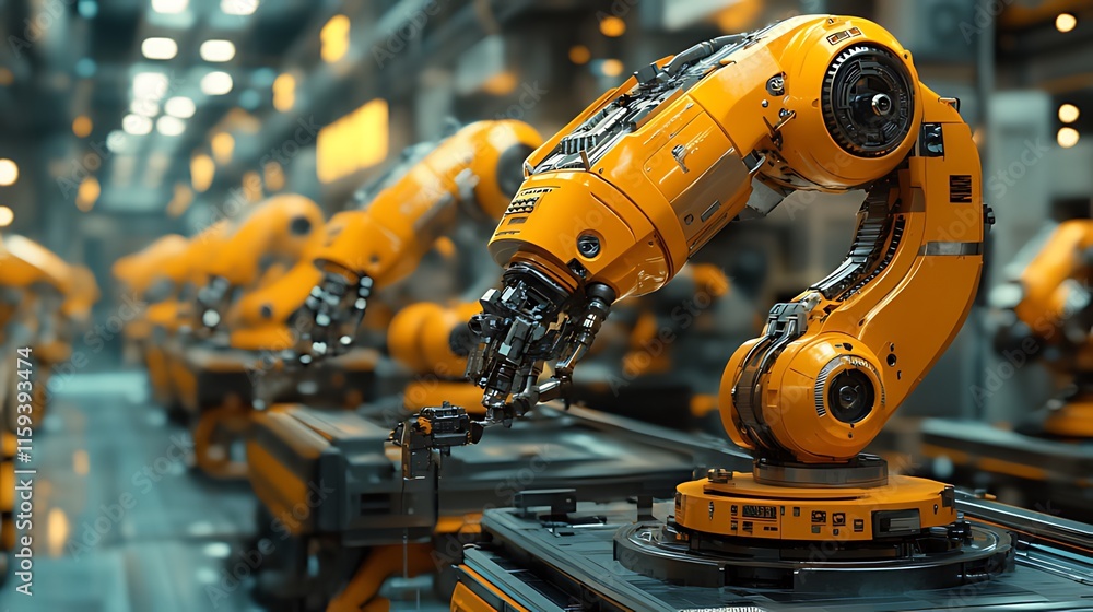 Automated robotic arms on assembly line in factory. Automated robotic arms on assembly line in factory.
