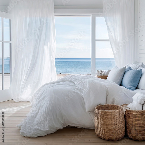 Gemütliches Strand-Schlafzimmer mit weißen Textilien und Meerblick photo