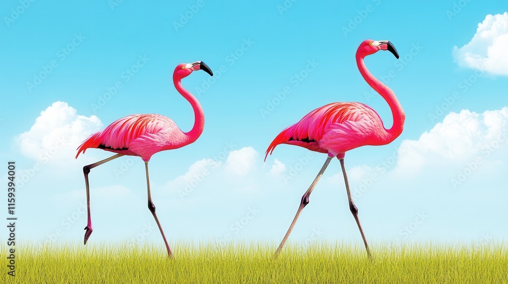 Obraz premium Flamingos walking gracefully on sunny day