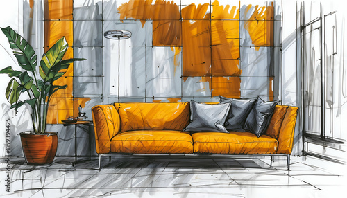 Modern Living Room Sketch: Yellow Sofa Design Concept 