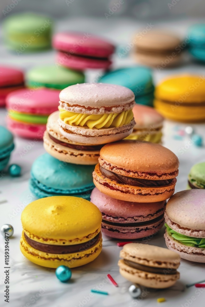 Stack of colorful macarons on a marble counter. The macarons are of different colors and flavors, and they are piled on top of each other. Concept of abundance and variety Stack of colorful macarons on a marble counter. The macarons are of different colors and flavors, and they are piled on top of each other. Concept of abundance and variety