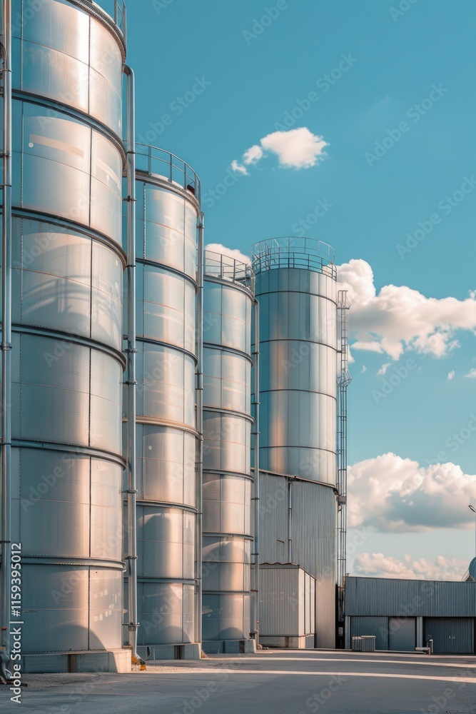 Silver metal storage tanks used in the oil industry. Tall cylindrical structures against a blue sky with some clouds. Silver metal storage tanks used in the oil industry. Tall cylindrical structures against a blue sky with some clouds.