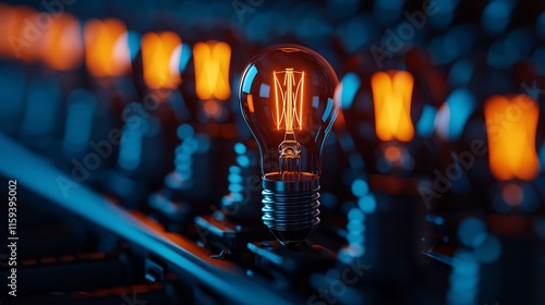 Bright Glowing Lightbulb Among Dim Bulbs, Innovation and Best Candidate Symbol photo