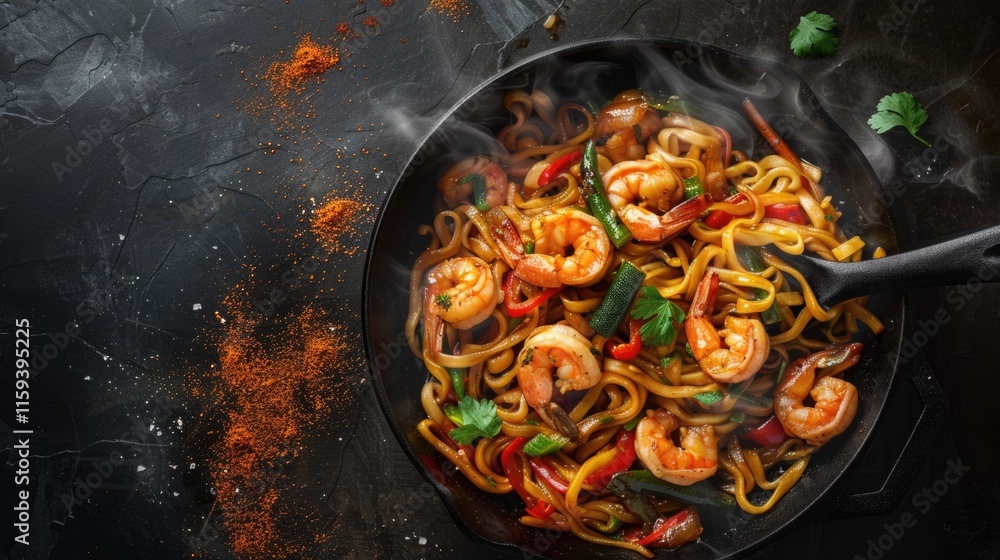 Appetizing pan-seared shrimp fried rice in a wok, served on a black plate. Garnished with spicy sauce and fresh herbs. Appetizing pan-seared shrimp fried rice in a wok, served on a black plate. Garnished with spicy sauce and fresh herbs.