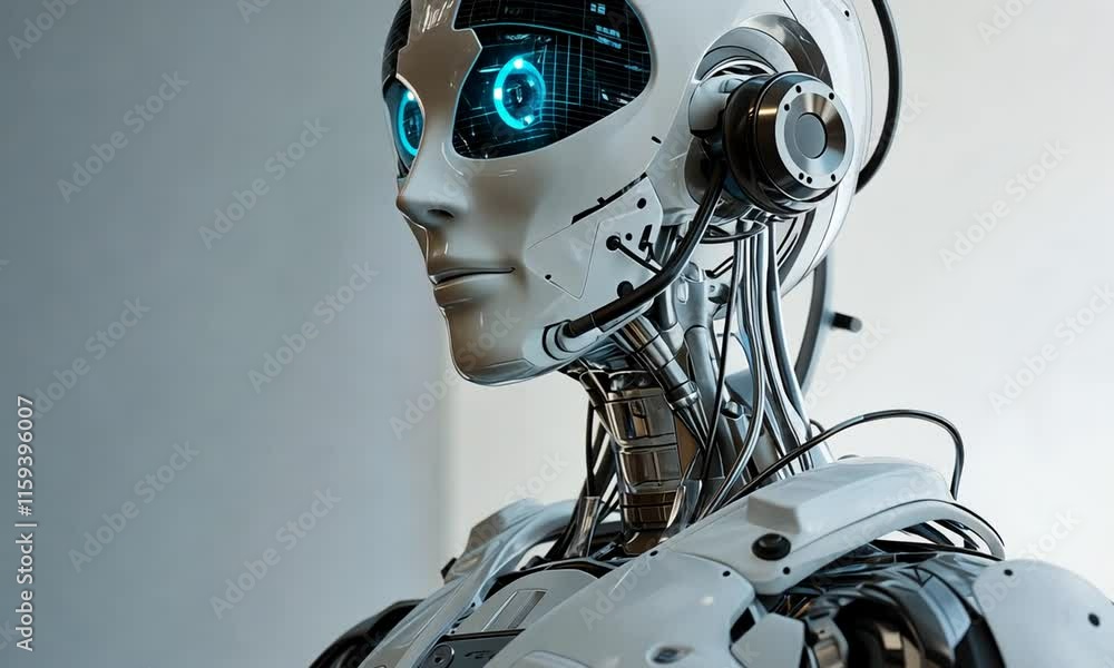 A humanoid robot with glowing blue eyes, showcasing advanced technology and design. A humanoid robot with glowing blue eyes, showcasing advanced technology and design.