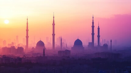 Crédence de cuisine Prune Cityscape at sunset with mosques silhouetted against hazy sky.  © batara