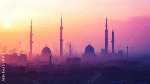 Cityscape at sunset with mosques silhouetted against hazy sky.
