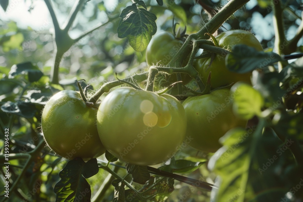 A vibrant bunch of ripe green tomatoes growing on the vine, ready for picking. Part of a healthy and nutritious garden produce. A vibrant bunch of ripe green tomatoes growing on the vine, ready for picking. Part of a healthy and nutritious garden produce.