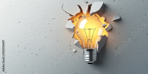 Light bulb breaking through wall symbolizes innovation and breakthrough ideas.