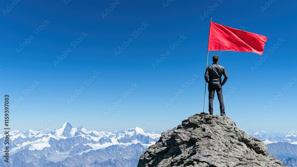 Obraz premium Conquering new heights man planting flag at mountain summit snowy landscape inspirational viewpoint