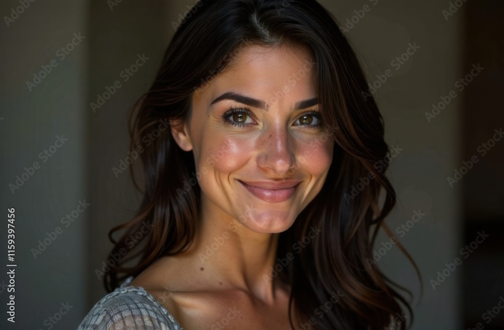 Brunette Woman Smiling in Soft Natural Lighting Brunette Woman Smiling in Soft Natural Lighting