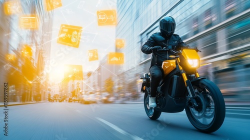 Dynamic Motorcycle Ride Through Modern Cityscape with Digital Icons Representing Technology and Connectivity in Motion photo