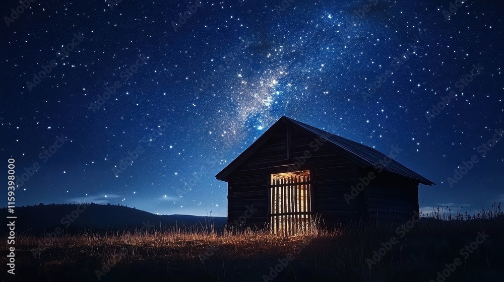 Tranquil Wooden Cabin Under Starry Night Sky Tranquil Wooden Cabin Under Starry Night Sky
