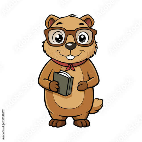 Cartoon Groundhog with Glasses Holding a Tiny Book – Scholarly and Whimsical Vector Art