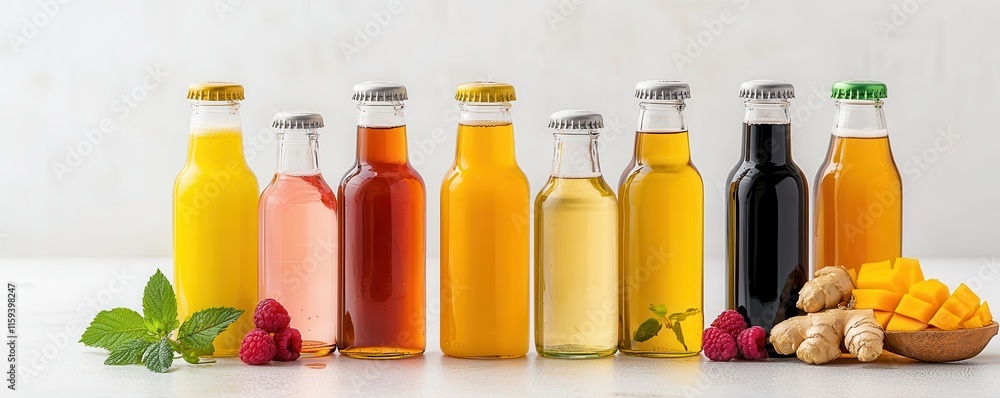 Vibrant kombucha bottles showcase bright kitchen beverage photography freshness Vibrant kombucha bottles showcase bright kitchen beverage photography freshness