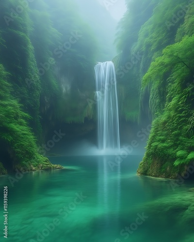 Fototapeta Naklejka Na Ścianę i Meble -  Misty waterfall cascading into serene emerald pool.